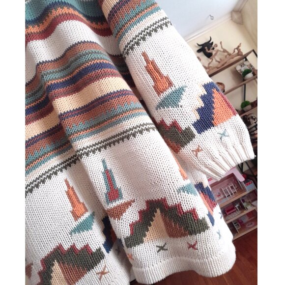 Vintage Oversized Heavy Knitted Aztec Print Woolrich Cotton Sweater Women's L - Picture 2 of 6